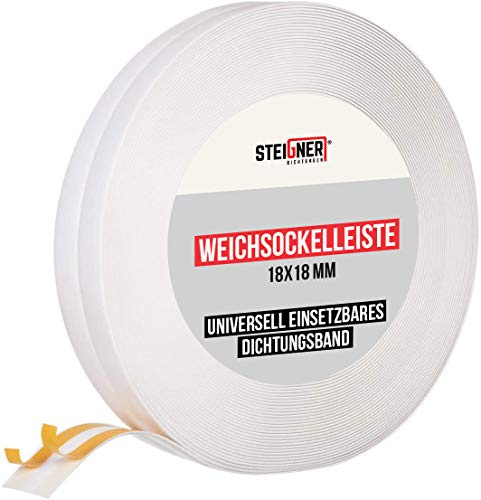 STEIGNER Weichsockelleiste selbstklebend, Weiß, Knickleiste für Sanitär, Material: PVC, 18x18mm, 20 Meter