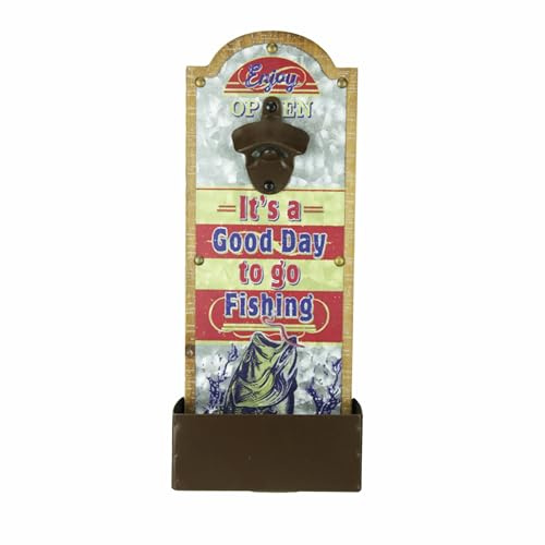 Rivers Edge Products Rivers Edge Products Wall-Mounted Bottle Opener - Decorative Beer Opener with Bottlecap Collector - Rustic Room Home Decor for Bar, Man Cave, Garage, Kitchen, Cabin - Good Fishing