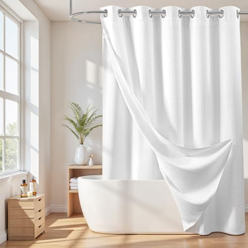 River Dream Cotton Blend No Hook Shower Curtain with Liner, White, 71Wx74L