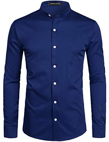 PARKLEES Camisa de manga larga para hombre, color liso, corte ajustado, fácil de planchar, cuello alto, para negocios, ocio, azul marino, L
