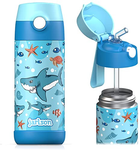 Jarlson® Trinkflasche Kinder Edelstahl Charli [MIT STROHHALM] - Thermosflasche Auslaufsicher - Thermoskanne - Water Bottle Kids - Thermo Trink Flasche für Schule & Kindergarten (350ml, Haie)