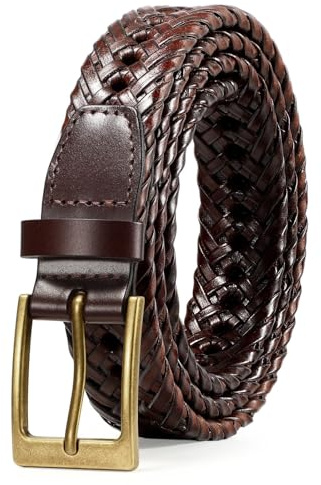 SUOSDEY Cinturones de cuero trenzado para hombre, cinturón de cuero tejido para pantalones vaqueros casuales con hebilla de pin, 1. marrón, Fit pants size 42-46