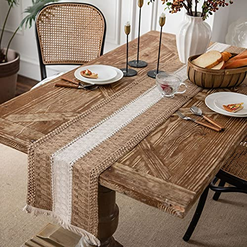 Boho Gewebtes Makramee Tischläufer aus Baumwolle Leinen mit Quasten,Modern Vintage Waschbar Tischdecke Tischdekoration Esstisch Dekoration für Hause Küche Rustikale Boho Hochzeit Deko,30x120cm Braun
