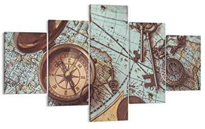 Mehrteilige Bilder auf Leinwand Kompass Vintage Karte Leinwandbild 125x70cm Wandbilder Dekoration Wohnzimmer Schlafzimmer Set 5 teilige Klein Wanddeko Bild Wand Kunstdruck Art Canvas EA125x70-4302
