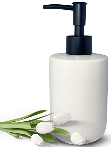 White Soap Dispenser with Matte Black Pump for Bathroom,Minimalist Modern Design Cylindrical Lotion Dispenser,12oz Ceramic Hand Dish Soap Dispenser,Refillable Liquid Dispenser for Kitchen (White)