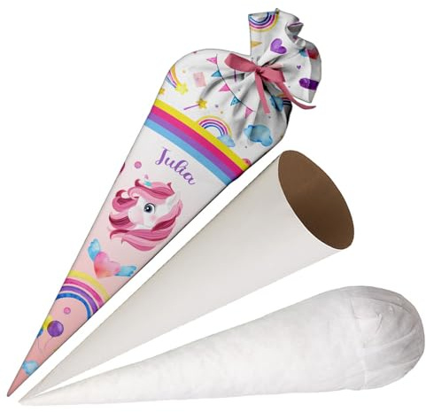 Ferocity Schultüte Mädchen Einhorn Personalisierte Tüte 70 cm Zuckertüte aus Stoff mit Namen runde Papprohling und Füllung aus Silikonkügelchen große Tüte als Kissen