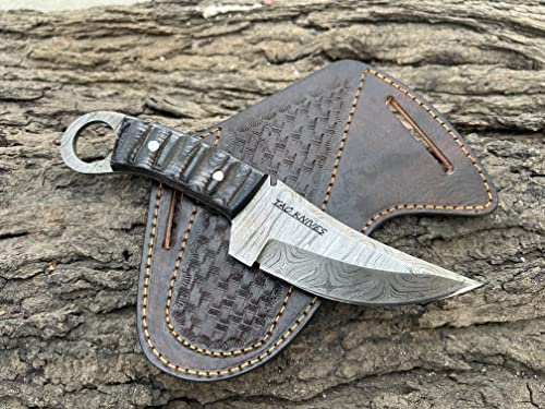 TAC Knives - Bushcraft Survival Knife12T27 Damascus Steel Fixed Blade outdoor - Pakka Wood Handle - Pancake Leather Sheath - Traditional Field Knife for Camping , Fishing, Hunting , Men & Women - EDC Knife to Carry on Belt- (BLACK)