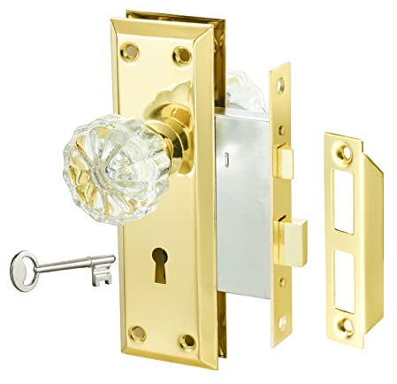 newliplace Einsteckschloss Set mit Kristallglasknauf, Gold Antik Türknäufe mit Schloss und Schlüssel, passend für Innentür, poliertes Messing-Finish | Türknäufe im Vintage-Stil, poliertes Gold, mit Schloss und antikem Skelettschlüssel, Ersatztür, 5,1–1 cm Dornmaß