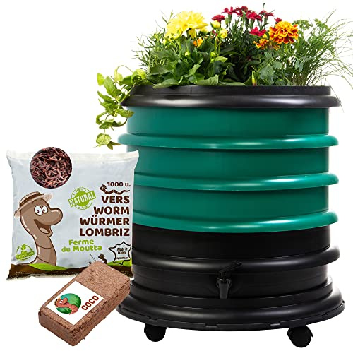 WORMbox | Wurmkomposter Wurmfarm Wurmkiste mit 3 Schalen Dunkelgrün + Pflanzgefäß + 500g Kompostwürmer / 1000 STK + 1 Coco | 48 Liter | Regenwurmkomposter, Kompostwürmer produzieren Wurmhumus