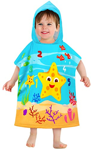 HUANLANG Kids Hooded Beach Towel for Boys Girls,Bath Pool Beach Poncho Towels Super Soft & Absorbent Cotton Towel Childrens Starfish Beach Towels for Toddler 0-7 Years Old