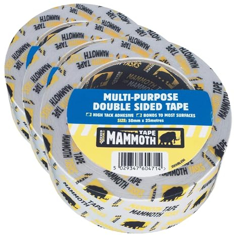 Everbuild Mammoth Premium Quality Double Sided Tape with a High Tack Adhesive - White - 50mm x 25m (Pack of 3)