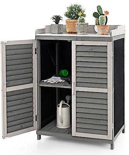 RELAX4LIFE Gartenschrank Holz, Lagerschrank mit Metall-Arbeitsplatte & 3 Rolltüren & 2 Ablagen, Geräteschrank mit 2 Lamellentüren, Holzschrank für Garten Balkon Terrasse, 67 x 47 x 100cm