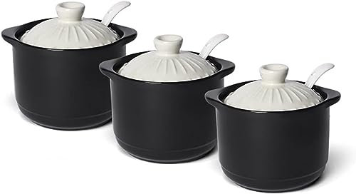 EPASHA azucarero, azucarero Retro con Forma de cazuela, Tapa de Color, Cerdo Salado con Cuchara de cerámica, azucarero de cerámica, tarros de Especias de Porcelana, Rojo, 3 Juegos (Color : White)