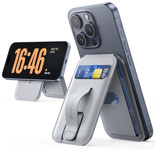 Lamicall Handy Kartenhalter für MagSafe Wallet - [Finger Griff Design] Vegan Leder Verstellbar Ständer, Leicht Karten Halter für 3 Karten, Magnetisch Wallet Halter für iPhone 17 16 15 Pro Max Plus Air