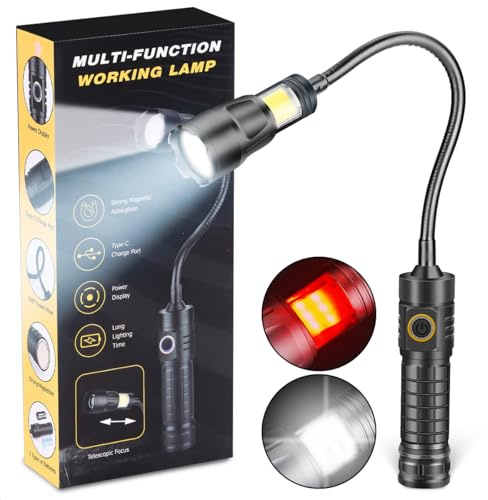 WholeFire Taschenlampe mit Magnet, 360 ° drehbar COB LED Taschenlampe Extrem Hell, 2 Farblichter (Rot & Weiß) Arbeitsleuchte USB C Aufladbar 3 Modi Wasserdicht mit Batterie und Ladegerät