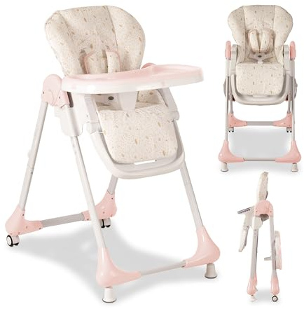 Asalvo CHEF Trona Bebé, Silla Alta hasta 36 Meses, Trona Evolutiva, Asiento Elevador, Silla Baja, Respaldo reclinable, Bandeja Extraíble, Forest Rosa