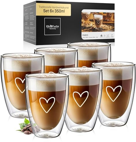 ElbFuchs® Latte Macchiato Gläser doppelwandig [6x 350ml] GESCHENKIDEE mit HERZ | Kristallklare Thermogläser doppelwandig | Ideal als Cappuccino Gläser | Kaffeegläser | Teegläser