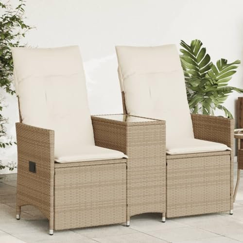 JUDYY Gartensofa 2-Sitzer Verstellbar mit Tisch Beige Poly Rattan, Lounge Sofa Outdoor, Garten Loungemöbel, Gartensofa, Gartenlounge - 365713
