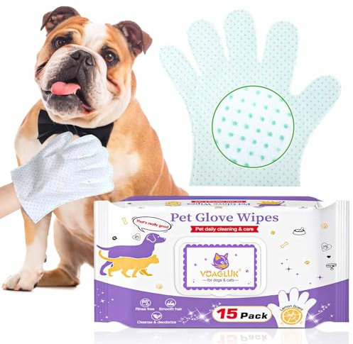 ALWZ-RDY Dog Cleaning Gloves Wipes 15pcs Deodorizing Disposable Pet Grooming Bathing Gloves Extra Thick, No Rinse Shampoo Dry Cleaning Gloves for Dogs & Cats Paw Face Ear Fur and Butt