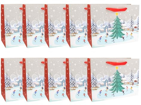 Idena 30490-10 - Geschenktüten Winter, 10 Stück, Geschenktaschen in der Größe 26 x 20 x 11 cm, Papiertüten Winter in Rot und Weiß mit Schnee und Weihnachtsbaum