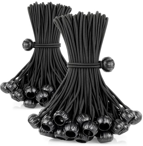 Bungee Cords with Balls 6 Inch, 100 Pack Heavy Duty Bungie Cord Balls, Canopy Tarp Tie Down Ball Bungee Cords for Camping, Tents, Patio Umbrellas, Awning, Bundle, Black
