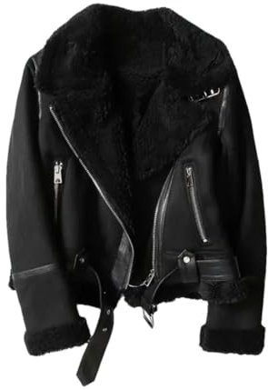 Damen-Winterjacke aus Kunstfell, Schaffell, dick, warm, Wildleder, Lämmer, kurz, Motorrad, braune Mäntel, Schwarz , M