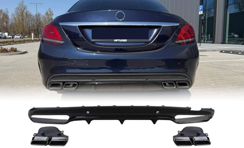 Mptuned Heckdiffusor Schwarz mit Auspuffblenden Kompatibel mit MB W205 AMG-Modelle 2014-2020 | C200, C250, C300 C43, C63, C63S | Hochwertiger ABS Kunststoff