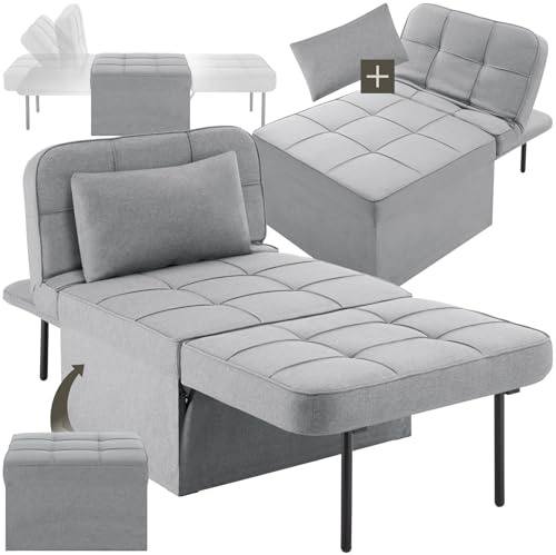 tectake® 4 en 1 Taburete, Sillon, Tumbona o Sofa, Respaldo Ajustable en 6 Posiciones, Estructura de Acero, Acolchado Grueso, cojín Adicional, Sofa Cama Plegable, Sillon Relax - Gris Claro