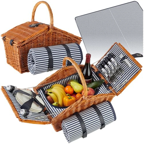 tectake® Picknickkorb und Picknickdecke 4 Personen, befüllter Picnic Basket Weidenkorb für Ausflug, Camping, Dinner Date, Picknickkorb mit Deckel, als Geschenkkorb, Rotkäppchen Korb - Usedom