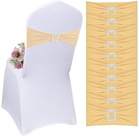 Rouhuhura 50pcs Champagner Stuhlschärpen aus Stretch-Elastik mit Schnalle und Schleife, Stuhlschleifen, Elastisch Stuhl-Schärpen, kein Binden, Dekoration für Hochzeit, Party, Taufe (Champagner, 50)