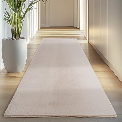 Carpettex Läufer Teppich Creme 80x250 cm- Kurzflor Teppich Waschbar, weich & rutschfest, modernes einfarbiges Design für Schlafzimmer, Küche & Flur