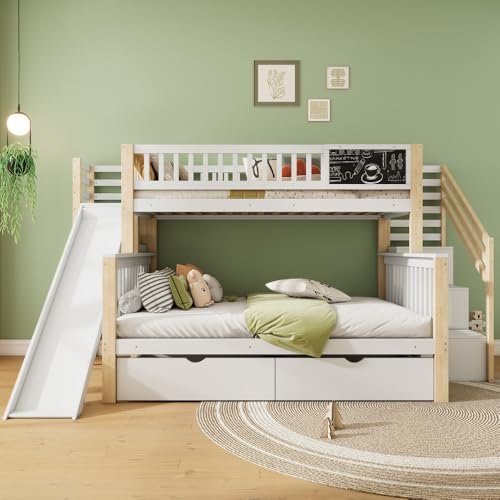 Seyakany Lit cabane Enfants 90/140x200cm avec Toboggan,tiroirs et armoires de Rangement,Lit superposé Enfant avec Tableau Graffiti,lit Enfant 90/140x200 avec sommier à Lattes,sans Matelas (Blanc)