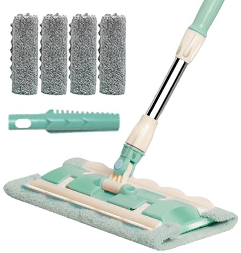 Serpillière pour Parquet | Mop Réutilisable avec 4 Têtes Lavables,Manche Télescopique Rotatif 360° et Raclette Anti-Poussière