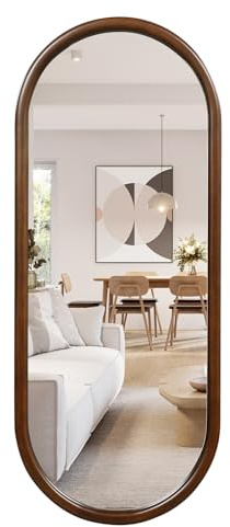 COSTWAY Full Length Mirror, 110 x 45cm Large Oval Wall Mirror with Hanging Hooks, Solid Wood Frame Accent Wall Mounted Vanity Mirrors for Hallway, Bathroom, Living Room and Bedroom, Walnut