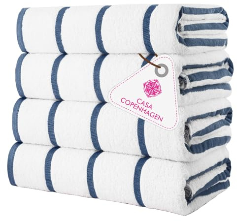 Casa Copenhagen Cabana Pool 4-delat set med stora badhanddukar, 76x152 cm, 550 GSM, designade i Danmark, tillverkade av mjuk egyptisk bomull för badrum, kök och dusch - Marinblå randig