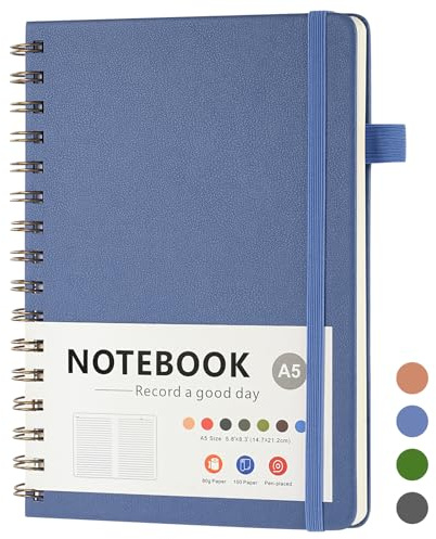 OSDUE Notizblock A5 Liniert, 200 Seiten/100 Blatt - Blau | 21.5 x 15.6cm, Spiralblock Notizbuch, Innentasche, Hardcover Buch für Büro, Schule, Arbeit, Konferenz, Reise