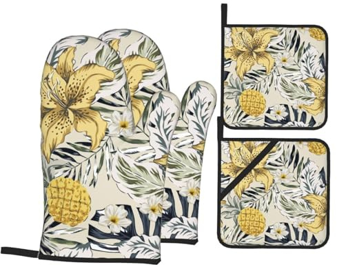 Tropical Yellow Lily Flowers Pineapples Gray Palm Monstera Leaves Oven Gloves and Pot Handle Cover, 4-Piece Set of Kitchen Baking Accessories, Suitable for Grilling and Baking