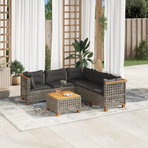 QJBSAVVA 6-TLG. Garten-Sofagarnitur Poly Rattan Grau 63,5 x 63,5 cm Modular Akazienholz Sitzgruppe Outdoor für Garten Terassen Balkon
