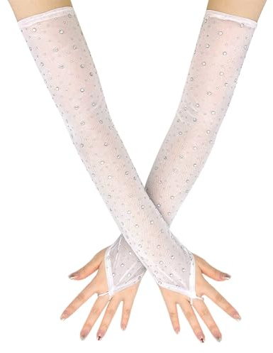 Long Keeper Guanti lunghi senza dita trasparenti con strass lunghi in tulle scintillante, lunghezza al gomito, da donna, per feste in costume di Halloween, bianco, taglia unica