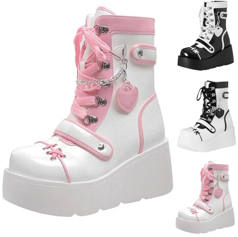 UK 7.5 Goth Platform Ankle Boots for Women Lace up Buckle Goth Rave Boots Lolita Kawaii Shoes High Heel Round Toe Zipper Wedges Mid Calf Booties Punk Motorcycle Boot Pink Stylish Footwear Gifts