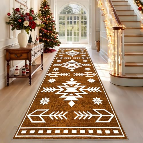 TEHWDAIYOU Weihnachtsteppich Läufer für Flur 110 x 300 cm Braun Waschbar Teppich Weihnachten rutschfest, Kurzflor Küchenteppich für Wohnzimmer Schlafzimmer Badezimmer Winterdekoration