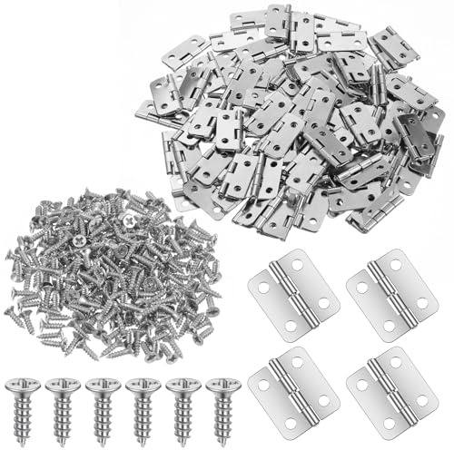 Matwsec 100 Sets Small Hinges, 19 X 16 mm Metal Replacement Drawer Hinge with Screws, 180 Degree Rotation Mini Hinges for Wooden Box Crafts Jewelry Box Chest Cabinet DIY (with 400 Tiny Screws)