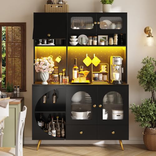 Merax Tall Kitchen Cabinet with LED Lights & USB Ports, Modern Sideboard Storage Cabinet with Power Outlets, Perforated Wall, Drawer & Glass Shelves, for Kitchen & Living Room