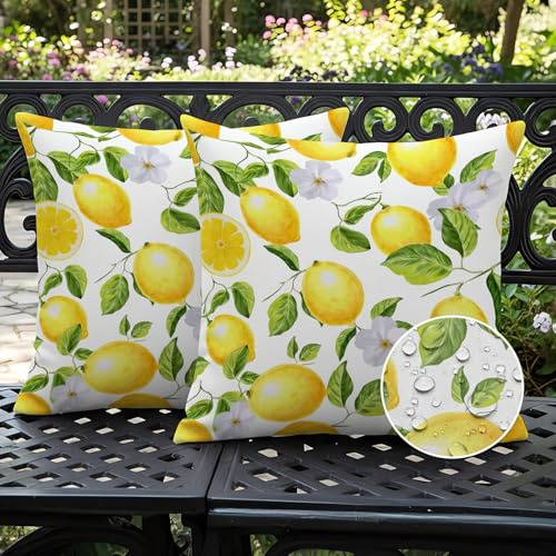 Ardjxue Citron frukt sommar örngott 50 x 50 cm utomhus vattentäta kuddar citron gula löv mönster vita blommor modernt dekorativa uteplats balkong vardagsrum trädgård soffa set med 2