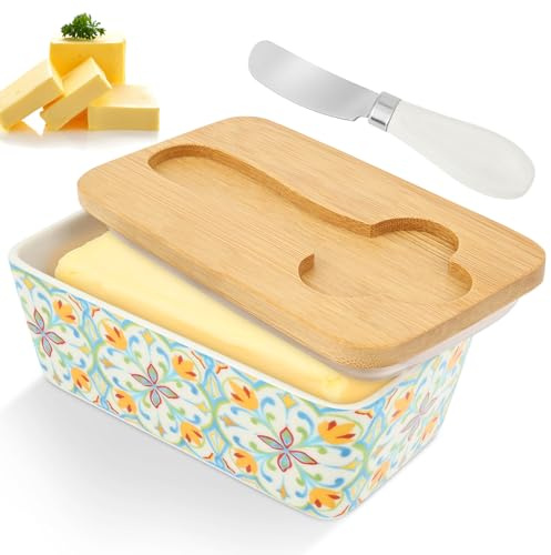 Mantequilla de cerámica con tapa de madera y cuchillo de mantequilla, campana de mantequilla, campana de mantequilla, 14,8 x 8,5 x 6,5 cm, estilo bohemio, para el hogar, la cocina, apto para