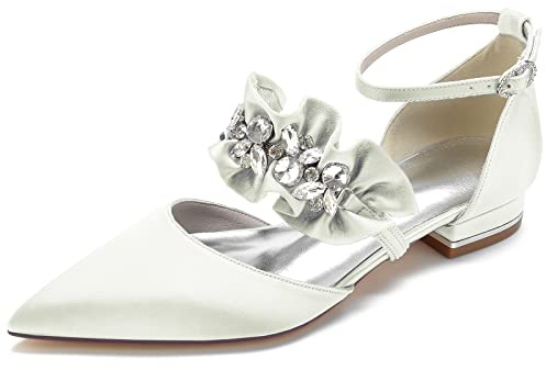 Yhsdfcn Brudskor med Volanger för Dam - Satin Ballerina Mary Jane med Strass, Spetsig Tå och Låg Blockklack,A ivory,EU42