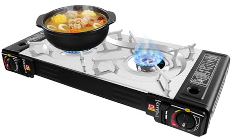 Réchaud Camping Gaz 2 Feux Plaque De Cuisson Portable, Avec Valise Transport Cuisinière Extérieure 2500W, Compatible Casseroles 34CM Brûleurs En Aluminium Réchaud De Table Gaz
