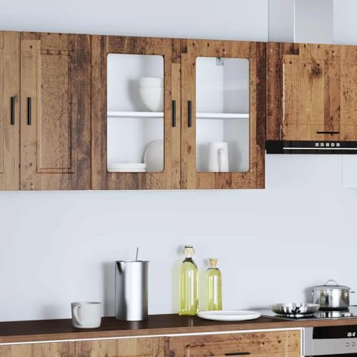 Ezbryzmatic Porto Kitchen Wall Cupboard in Reclaimed Wood Look Including Glass Door, Chipboard and Glass, 80 x 31 x 60 cm, 75 kg Load Capacity, Storage Space for Tableware and Storage, in Timeless