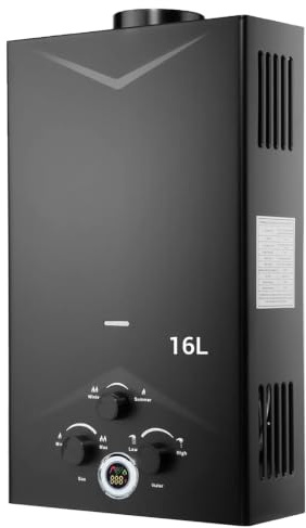 Scaldabagno a Gas 16L, All'aperto Portatile Scaldabagno Istantaneo a Propano Con Display Digitale Multi-Protezione Parete senza Serbatoio Scaldacqua Istantaneo Automatico Nero