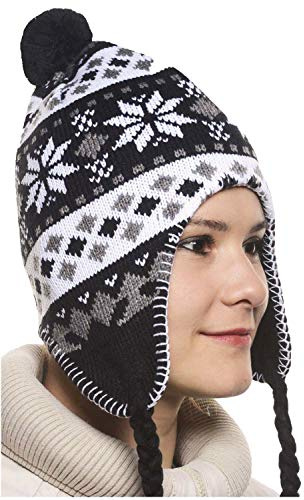 MAROK-INERIE Bonnet Péruvien Chullo ch'ullu avec Pompon Mixte Homme/Femme Couleurs au Choix (Noir et Blanc)